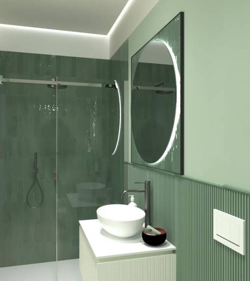 Bathroom project Brick & Chevron Stone 3D Resin effect GROOVE JADE SALVIA MATCHA WHITE color tiles