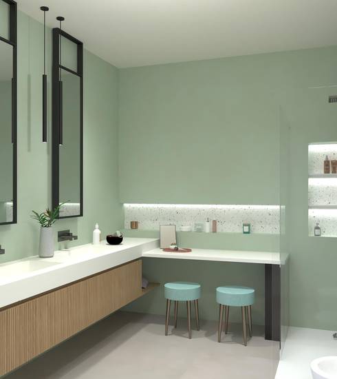 Bathroom project Brick & Chevron Decor Box Resin effect DROP WHITE ALOE MATCHA GRIGIO color tiles