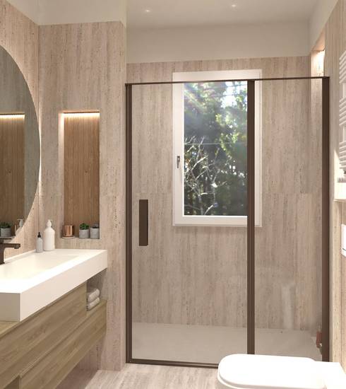 Bathroom project Stone Wood 3D effect NUT GROOVE BEIGE NUT BOISERIE MOSAICO BEIGE color tiles