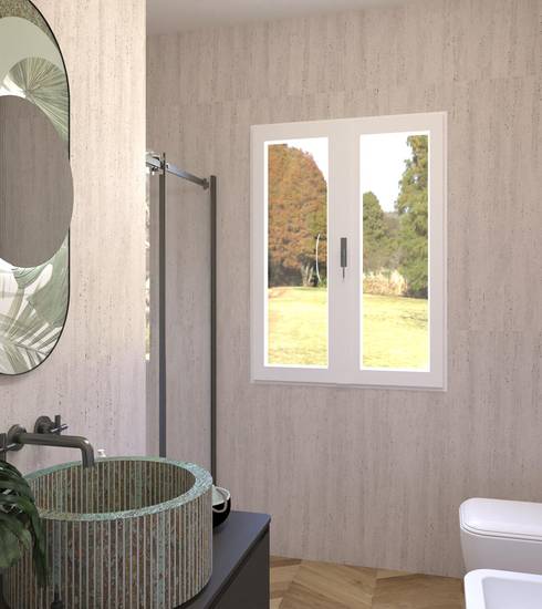 Bathroom project Brick & Chevron Stone Wood 3D effect BIANCO NATURAL GROOVE BIANCO color tiles