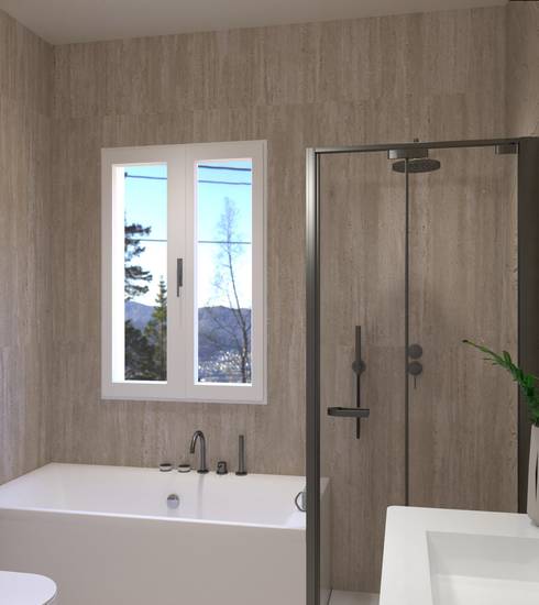 Bathroom project 3D Pierre Résine effect LINFA FOGLIE LINFA GROOVE BEIGE BEIGE color tiles