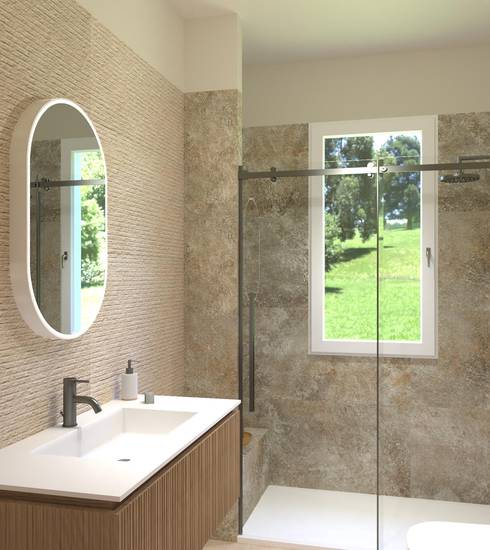 Bathroom project Stone 3D effect FOSSIL BEIGE SLATE LITIA BEIGE ROW BEIGE BEIGE color tiles