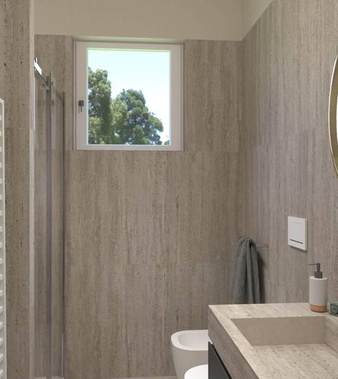 Bathroom project 3D Pierre effect TORTORA GROOVE TORTORA color tiles