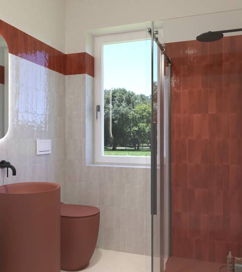 Bathroom project Stone Brick & Chevron effect ROSSO CUORE GHIACCIO WHITE color tiles