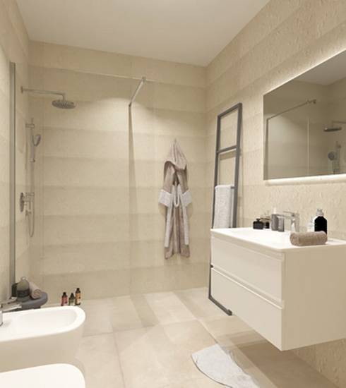 Bathroom project Stone 3D effect PEAK BEIGE SAND EDGE BEIGE BEIGE ROCK BEIGE FLOWER BEIGE color tiles
