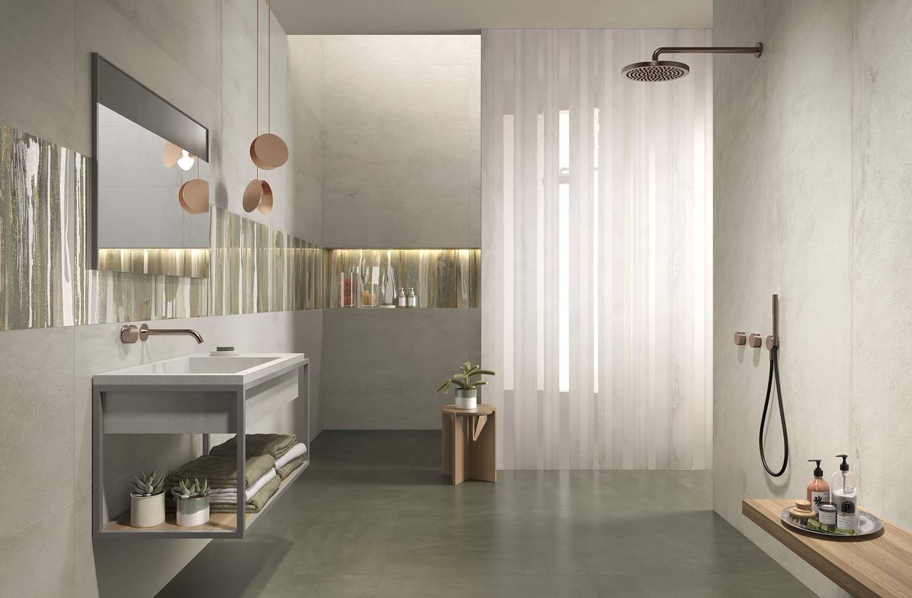 Room view Bathroom, created with tiles from the collection: YLICO – White, Grey, Green