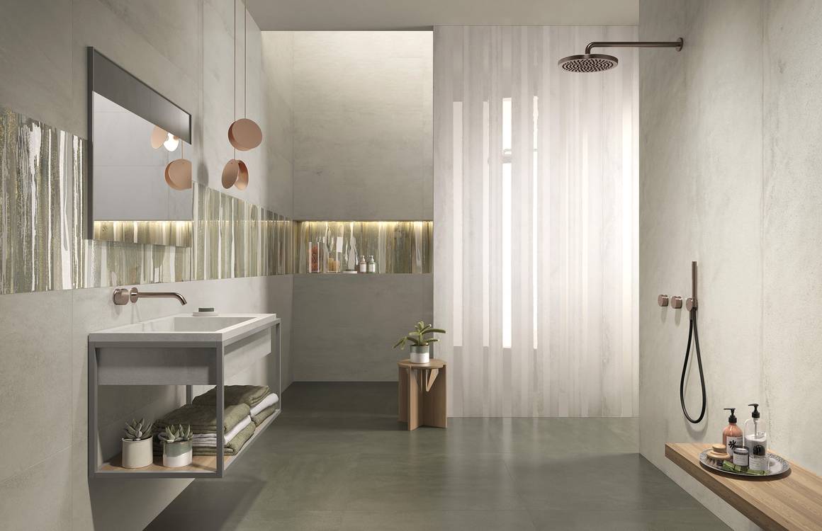 Immagine ambiente Bagno, realizzato con piastrelle della collezione: YLICO - Bianco, Grigio, Verde