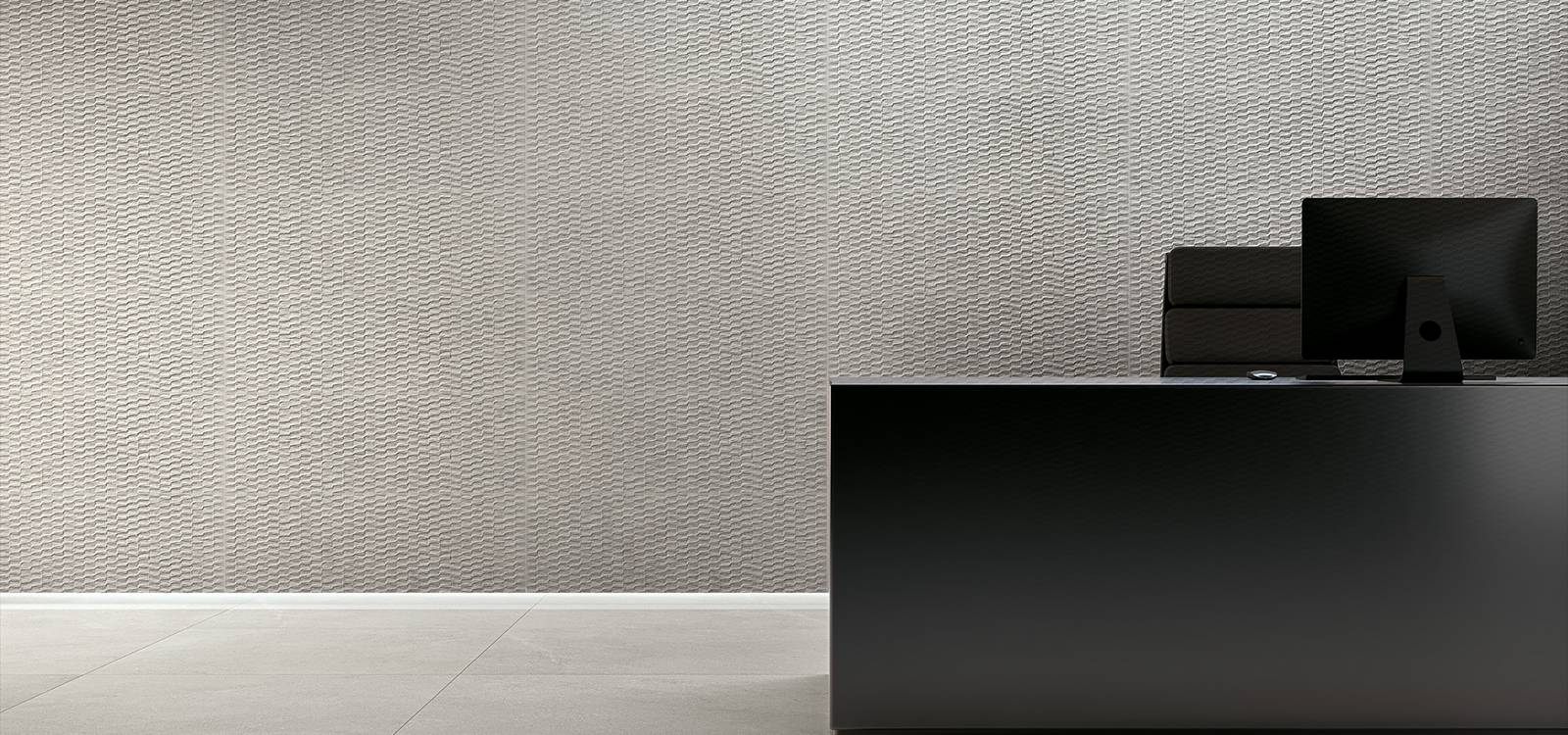 Image d'ambiance Contrat, réalisée avec des carreaux de la collection : LUMINA STONE – Blanc