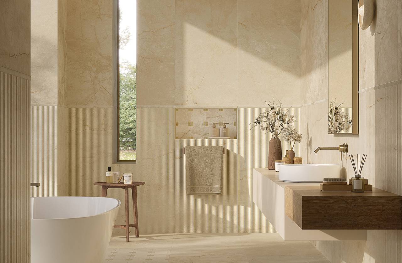 Image d'ambiance Salle de bain, réalisée avec des carreaux de la collection : DESERT – Beige