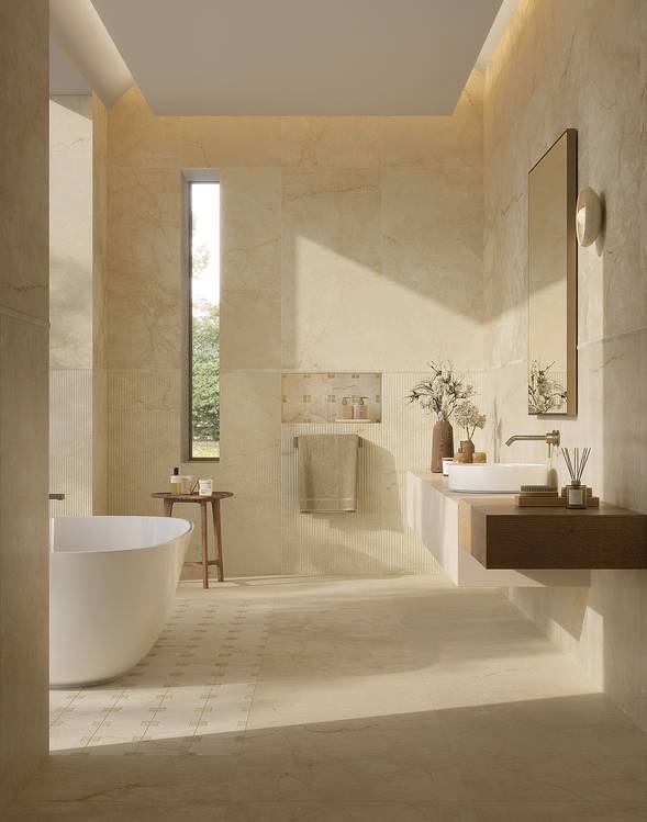 Room view Bathroom, created with tiles from the collection: DESERT – Beige