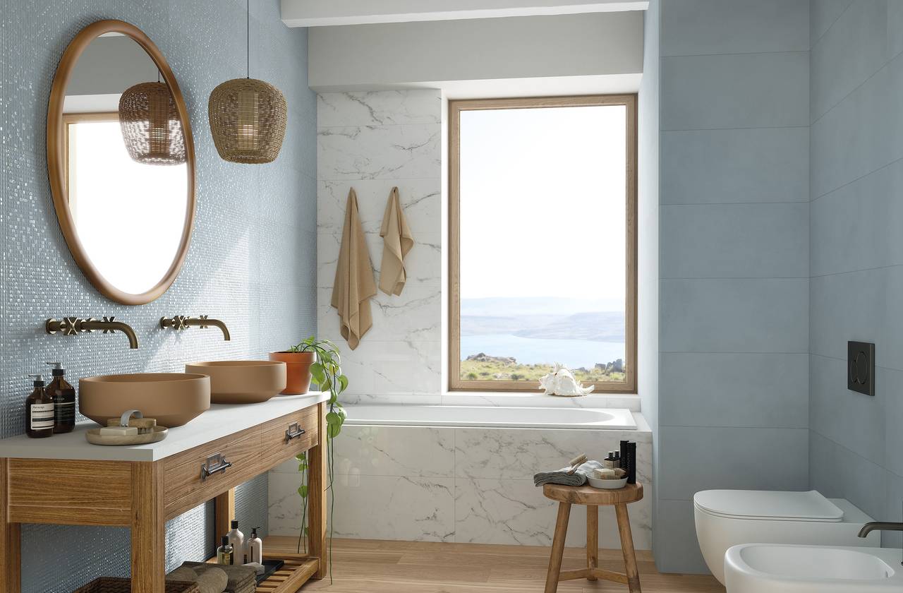 Image d'ambiance Salle de bain, réalisée avec des carreaux de la collection : OLTRE IL COLORE – AUTRES, Blanc, Beige