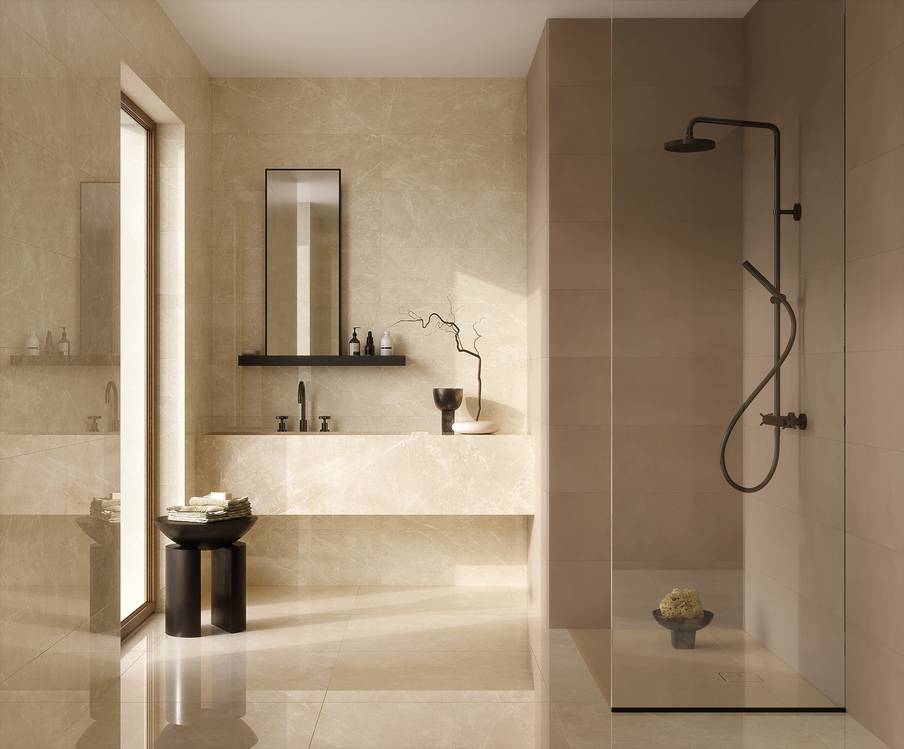 Immagine ambiente Bagno, realizzato con piastrelle della collezione: OLTRE IL MARMO - Beige, Grigio