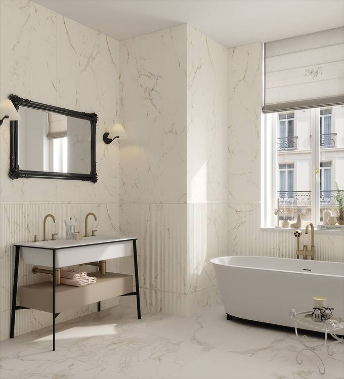 Immagine ambiente Bagno, realizzato con piastrelle della collezione: OLTRE IL MARMO - Bianco