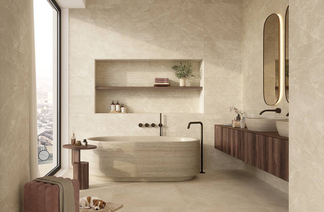 Image d'ambiance Salle de bain, réalisée avec des carreaux de la collection : OLTRE IL MARMO – Beige