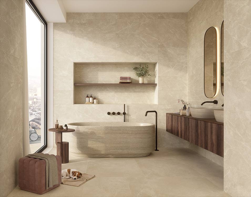 Immagine ambiente Bagno, realizzato con piastrelle della collezione: OLTRE IL MARMO - Beige