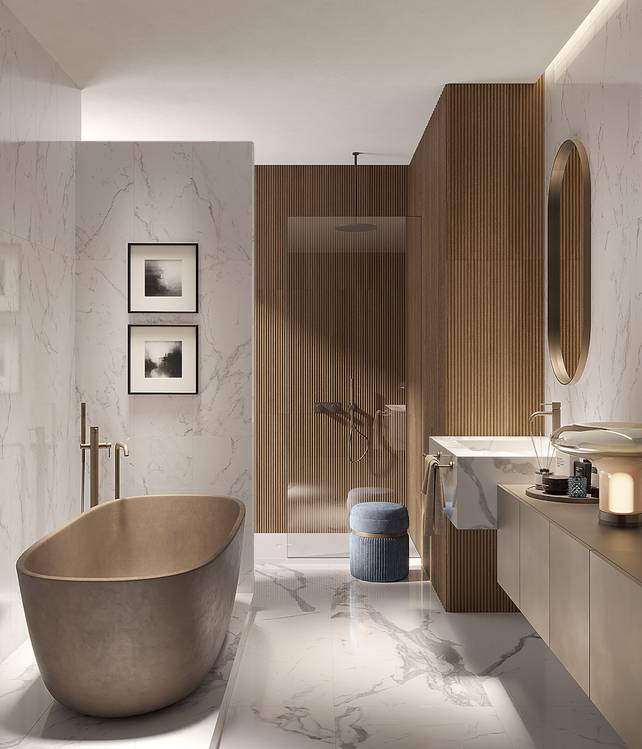 Immagine ambiente Bagno, realizzato con piastrelle della collezione: OLTRE IL MARMO - Bianco