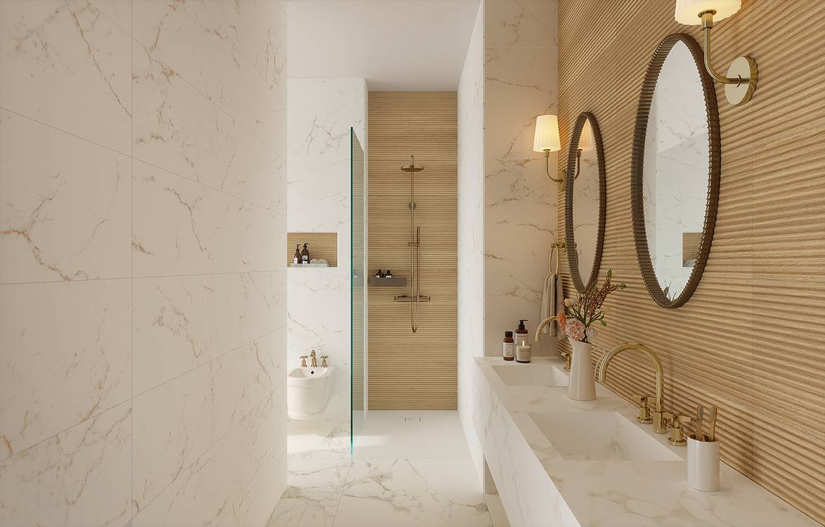 Immagine ambiente Bagno, realizzato con piastrelle della collezione: OLTRE IL MARMO - Bianco, Marrone