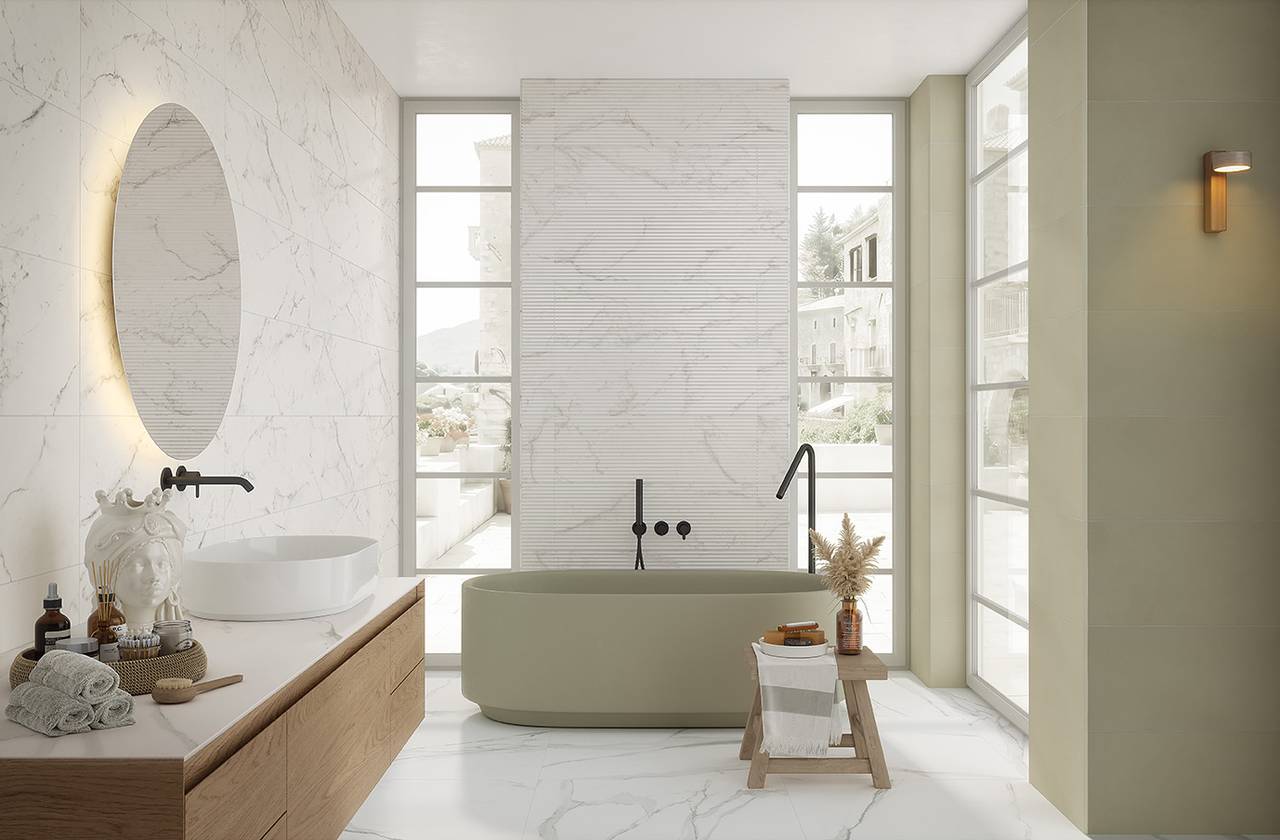 Image d'ambiance Salle de bain, réalisée avec des carreaux de la collection : OLTRE IL MARMO – AUTRES, Blanc
