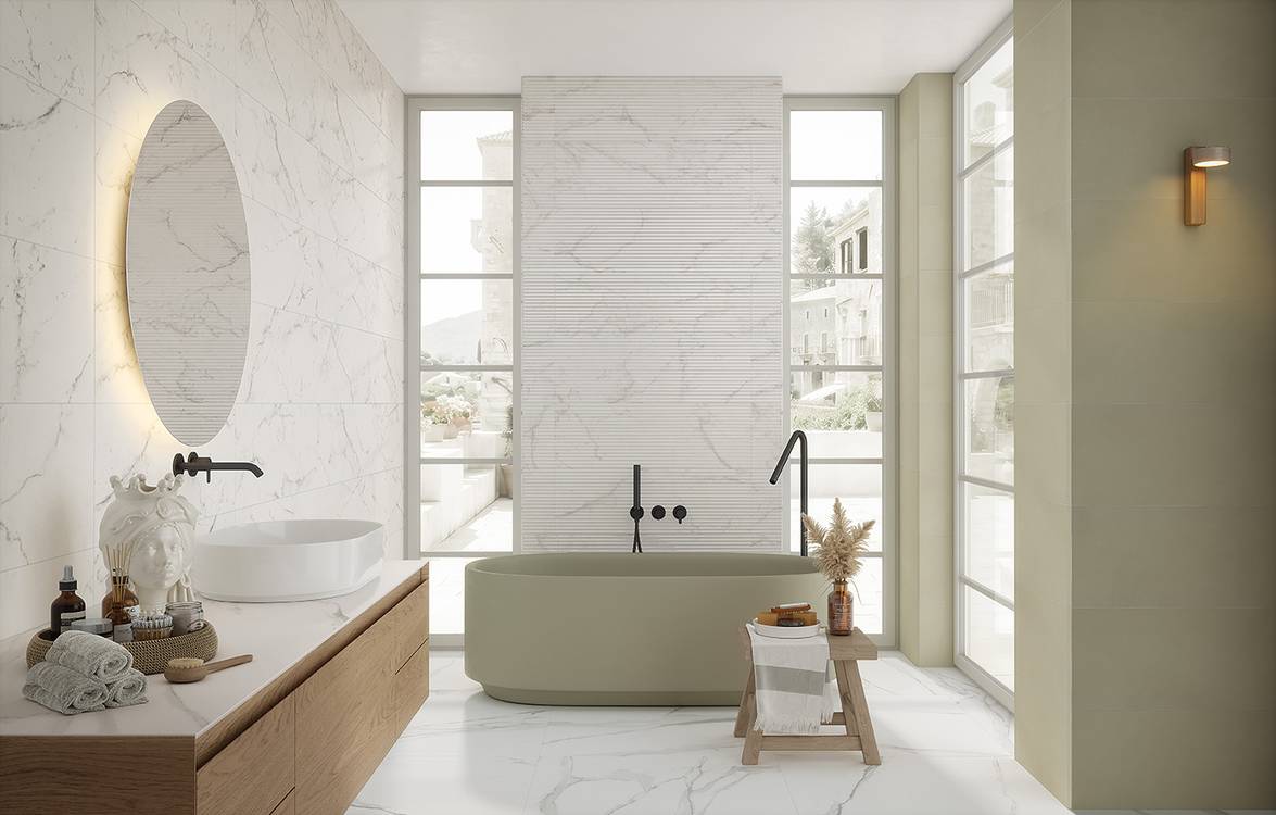 Immagine ambiente Bagno, realizzato con piastrelle della collezione: OLTRE IL MARMO - Altri, Bianco