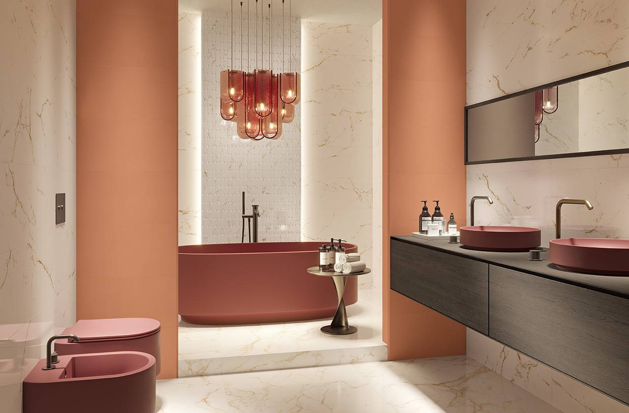 Image d'ambiance Salle de bain, réalisée avec des carreaux de la collection : OLTRE IL MARMO – Blanc, AUTRES