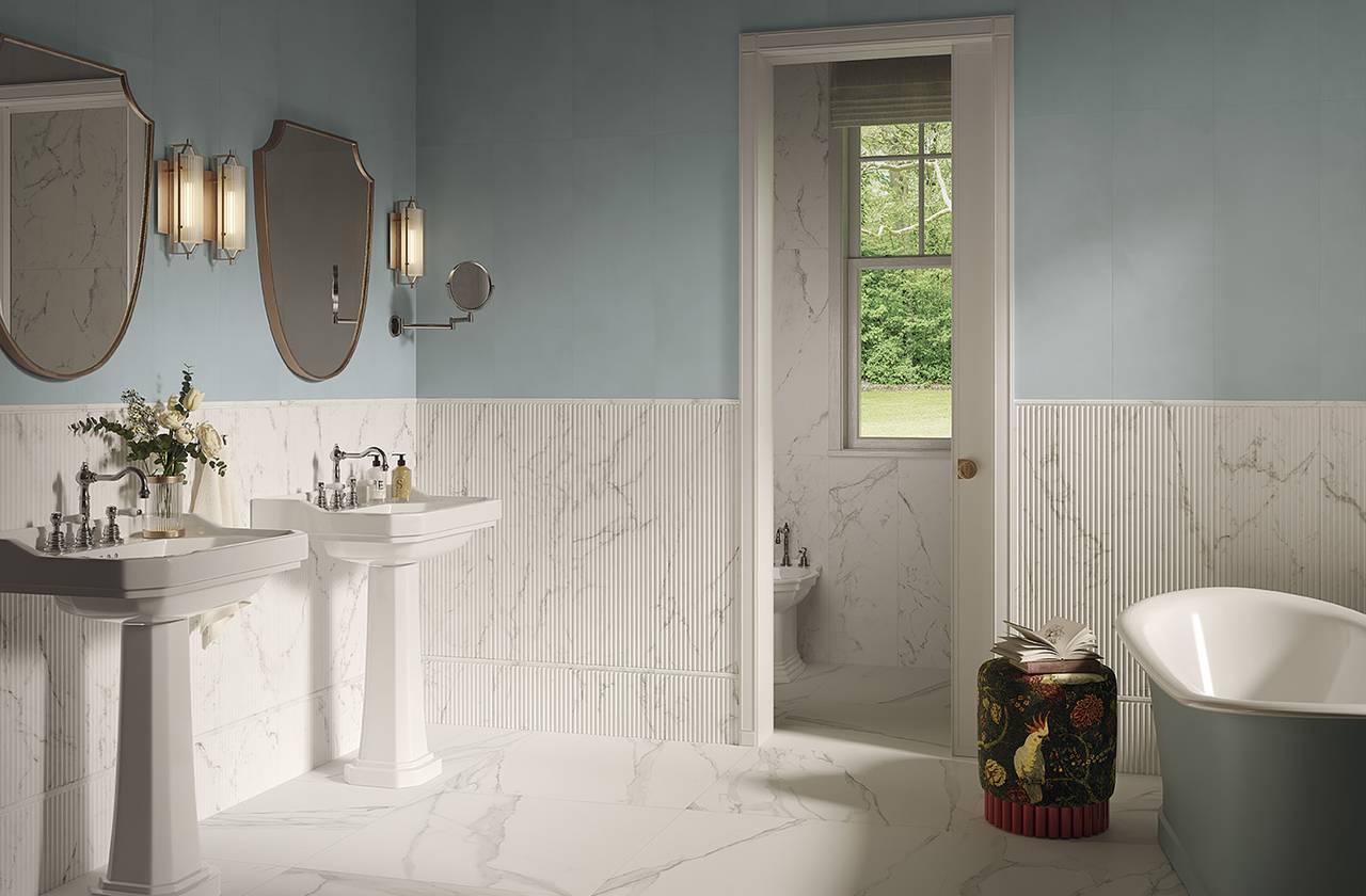 Image d'ambiance Salle de bain, réalisée avec des carreaux de la collection : OLTRE IL MARMO – AUTRES, Blanc
