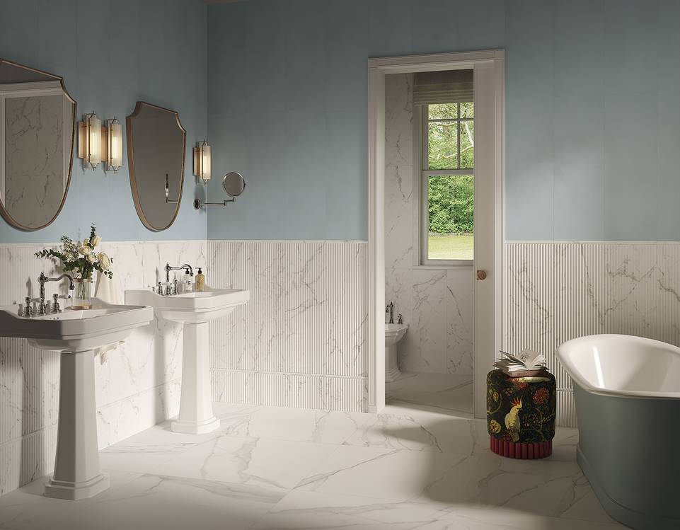 Immagine ambiente Bagno, realizzato con piastrelle della collezione: OLTRE IL MARMO - Altri, Bianco