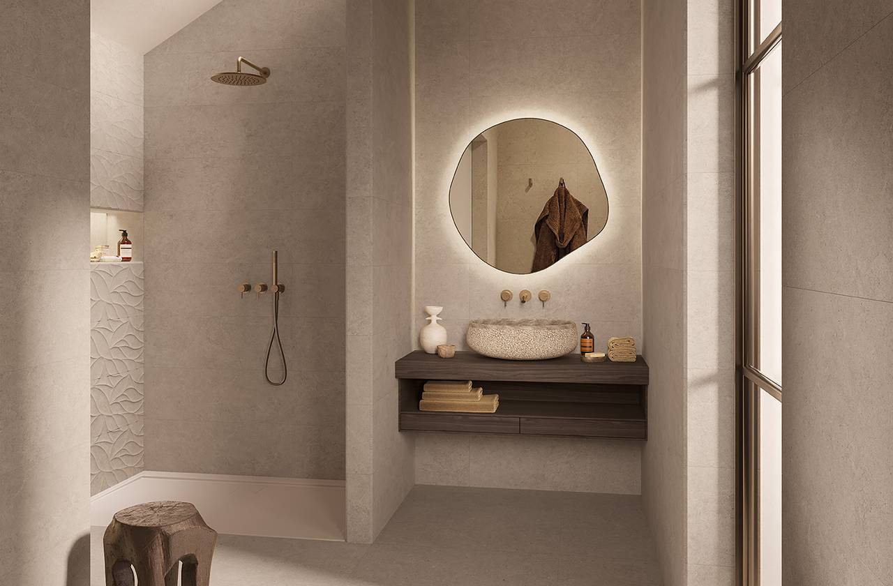 Image d'ambiance Salle de bain, réalisée avec des carreaux de la collection : OLTRE LA PIETRA – Gris