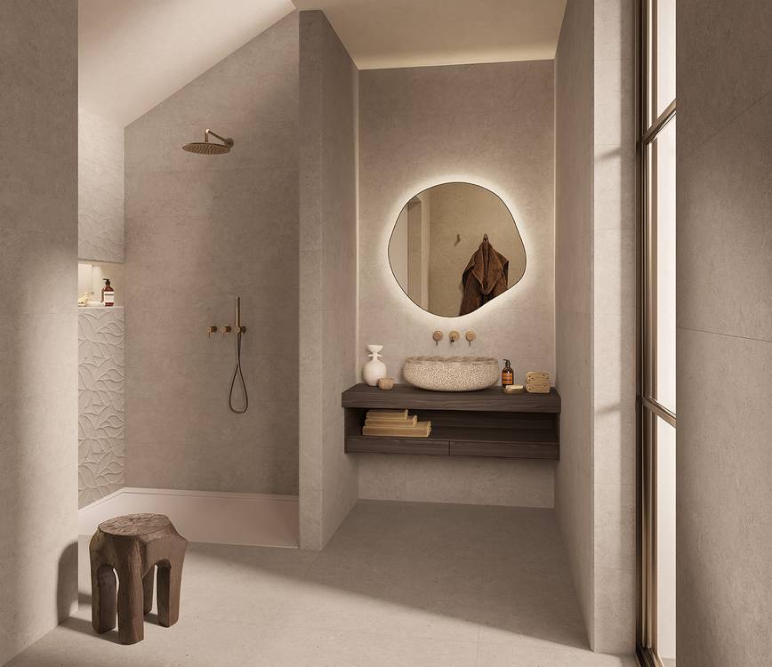 Immagine ambiente Bagno, realizzato con piastrelle della collezione: OLTRE LA PIETRA - Grigio