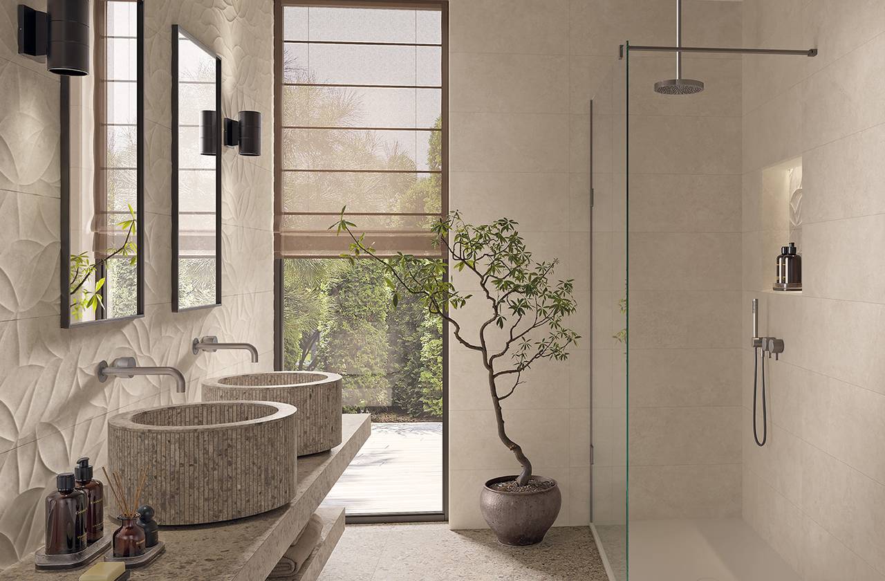 Image d'ambiance Salle de bain, réalisée avec des carreaux de la collection : OLTRE LA PIETRA – Blanc, Gris