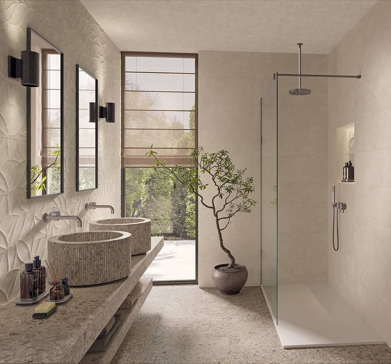 Immagine ambiente Bagno, realizzato con piastrelle della collezione: OLTRE LA PIETRA - Bianco, Grigio