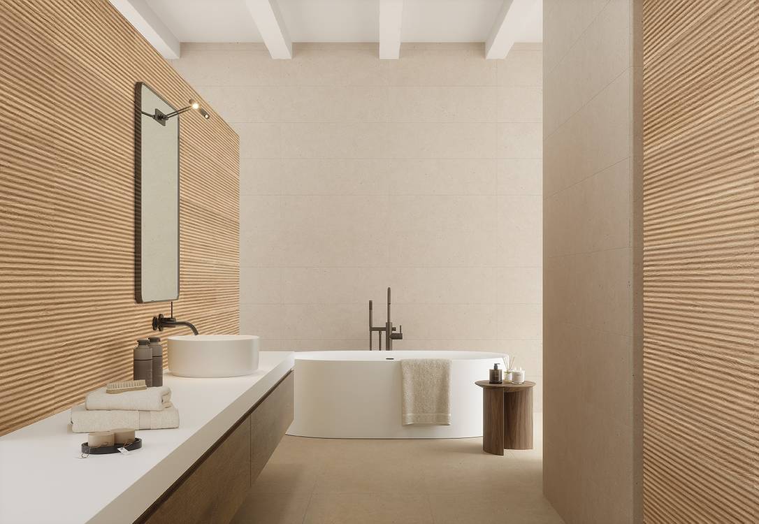 Immagine ambiente Bagno, realizzato con piastrelle della collezione: OLTRE LA PIETRA - Beige, Marrone