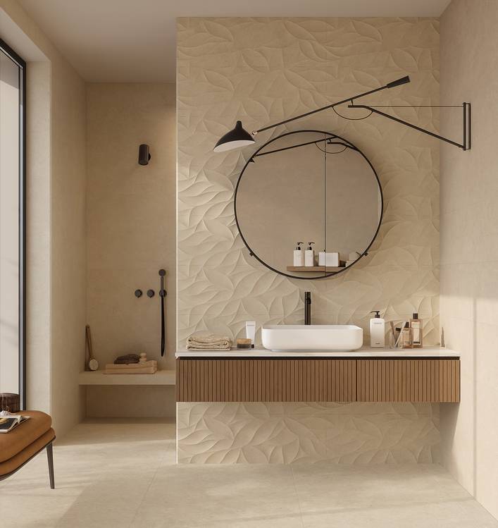 Immagine ambiente Bagno, realizzato con piastrelle della collezione: OLTRE LA PIETRA - Beige
