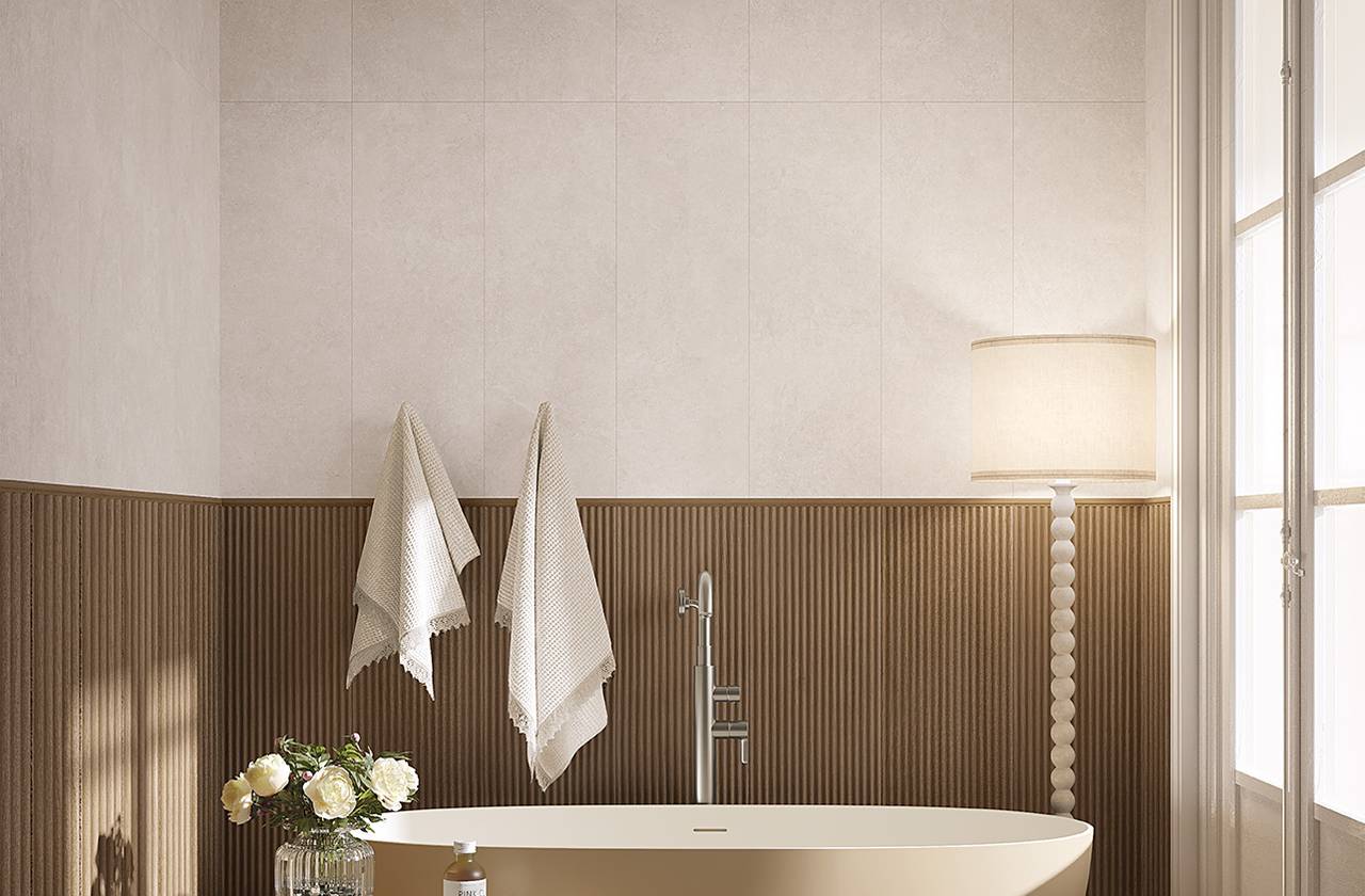 Image d'ambiance Salle de bain, réalisée avec des carreaux de la collection : OLTRE LA PIETRA – Blanc, Marron