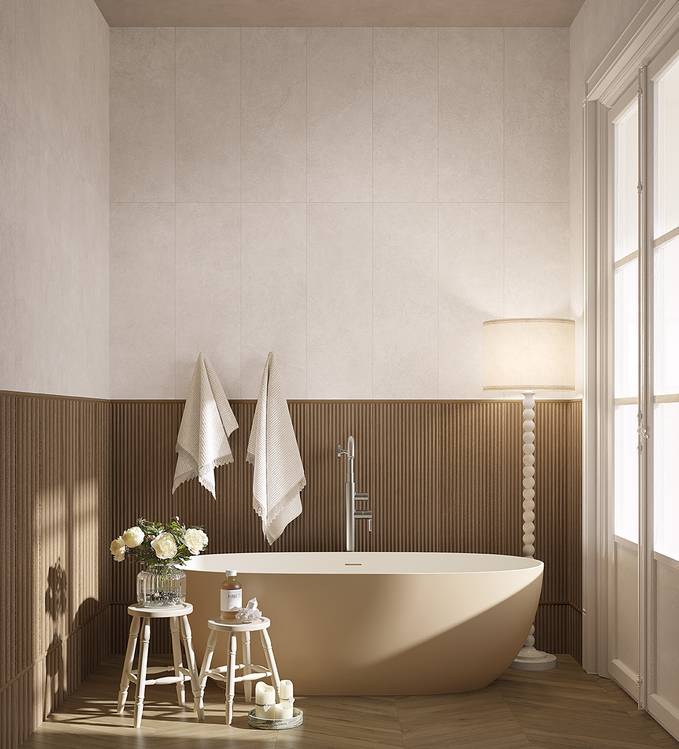 Immagine ambiente Bagno, realizzato con piastrelle della collezione: OLTRE LA PIETRA - Bianco, Marrone
