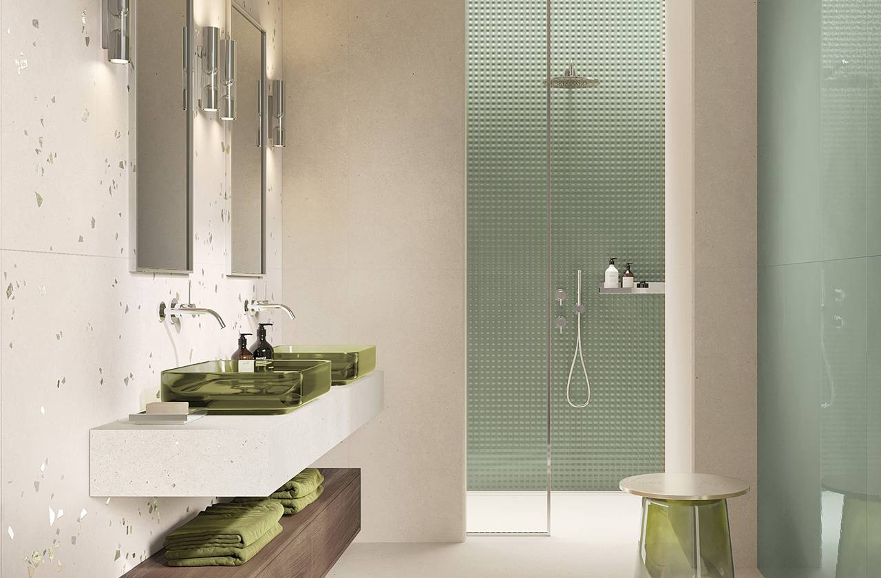 Image d'ambiance Salle de bain, réalisée avec des carreaux de la collection : MATERIA PURA porcelain tiles – AUTRES, Blanc