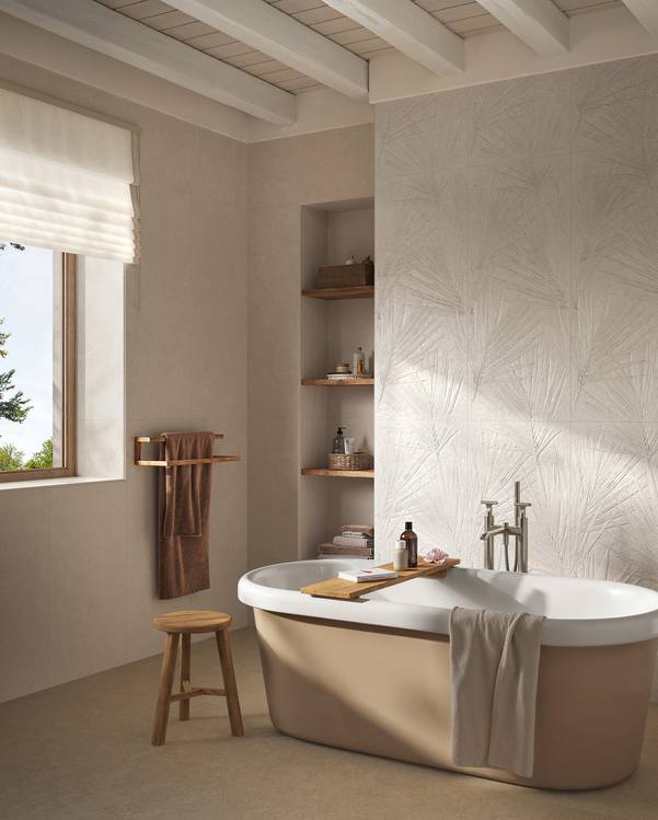 Room view Bathroom, created with tiles from the collection: MATERIA PURA 50x120 – White, Beige