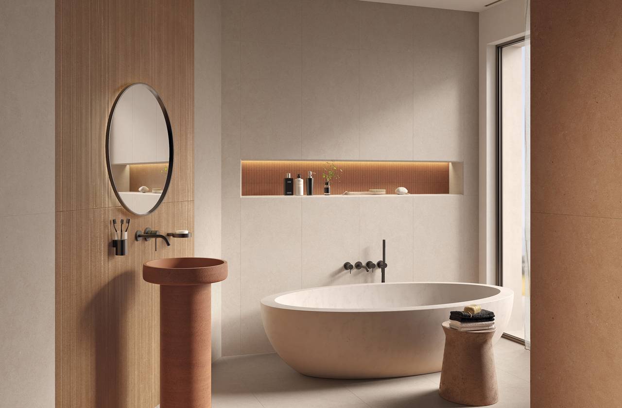 Image d'ambiance Salle de bain, réalisée avec des carreaux de la collection : MATERIA PURA porcelain tiles – Gris, AUTRES