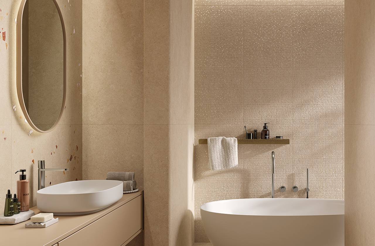 Image d'ambiance Salle de bain, réalisée avec des carreaux de la collection : MATERIA PURA porcelain tiles – Beige