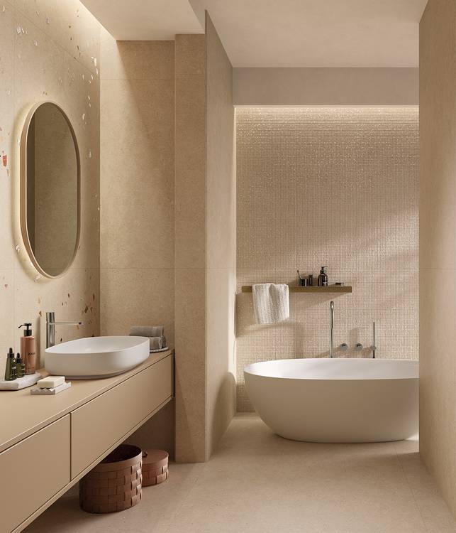 Image d'ambiance Salle de bain, réalisée avec des carreaux de la collection : MATERIA PURA porcelain tiles – Beige