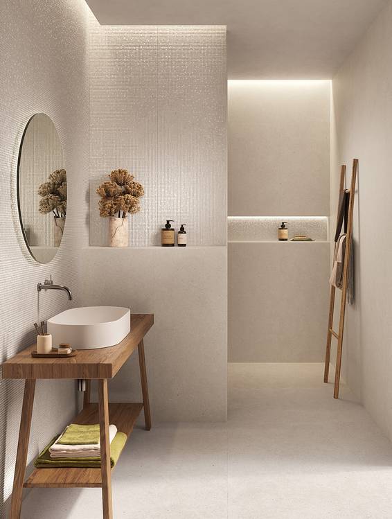 Image d'ambiance Salle de bain, réalisée avec des carreaux de la collection : MATERIA PURA porcelain tiles – Blanc