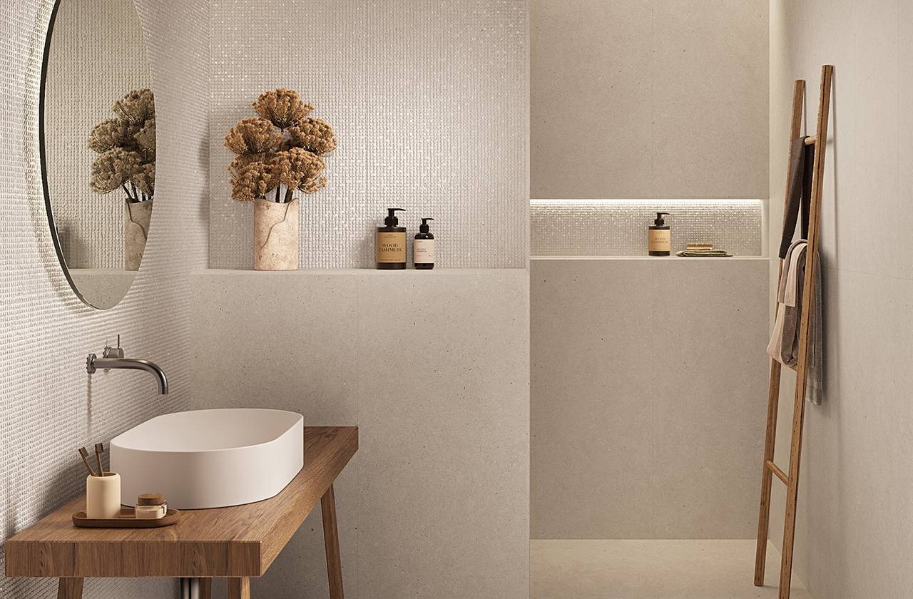 Image d'ambiance Salle de bain, réalisée avec des carreaux de la collection : MATERIA PURA wall tiles 50x120 – Blanc