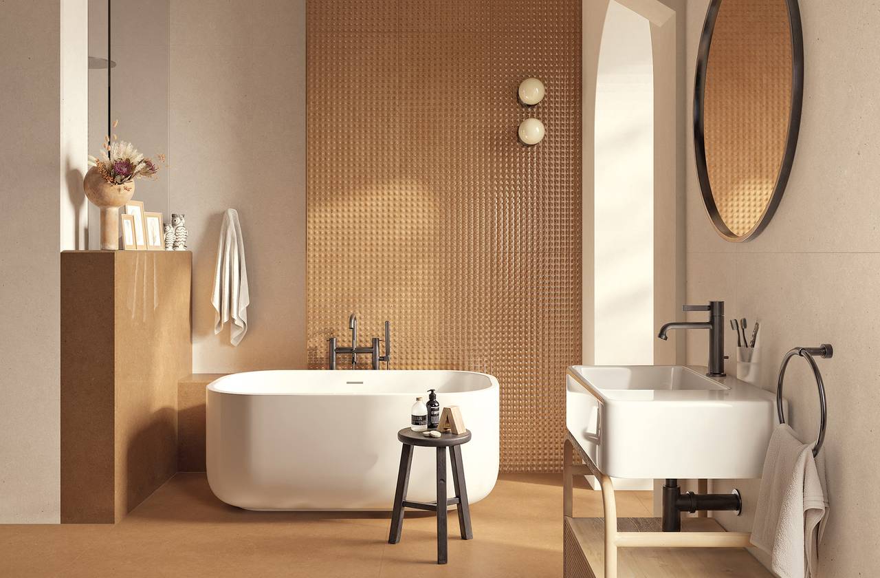 Image d'ambiance Salle de bain, réalisée avec des carreaux de la collection : MATERIA PURA wall tiles 50x120 – Beige, AUTRES