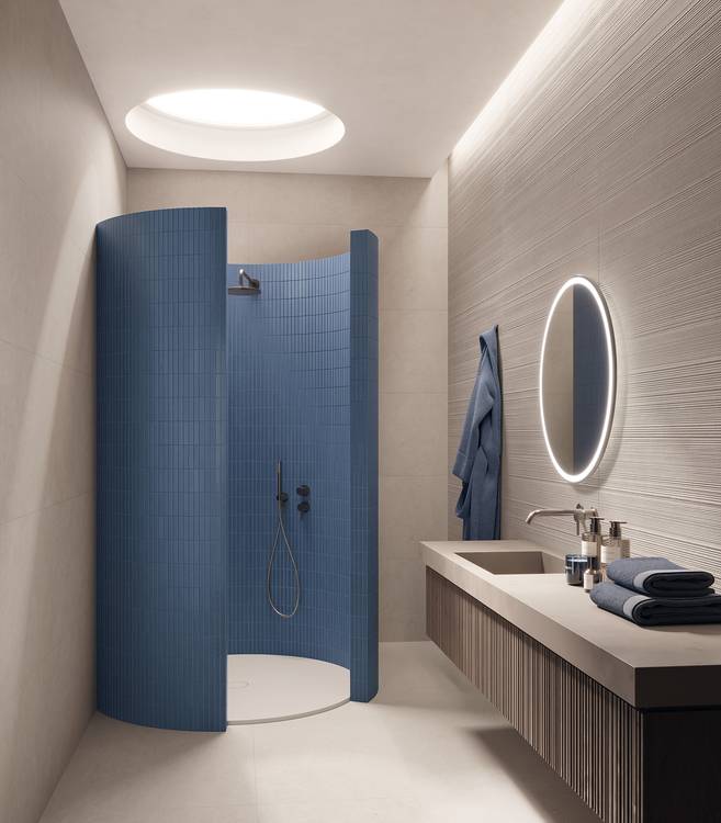 Image d'ambiance Salle de bain, réalisée avec des carreaux de la collection : MATERIA PURA porcelain tiles – Gris, AUTRES