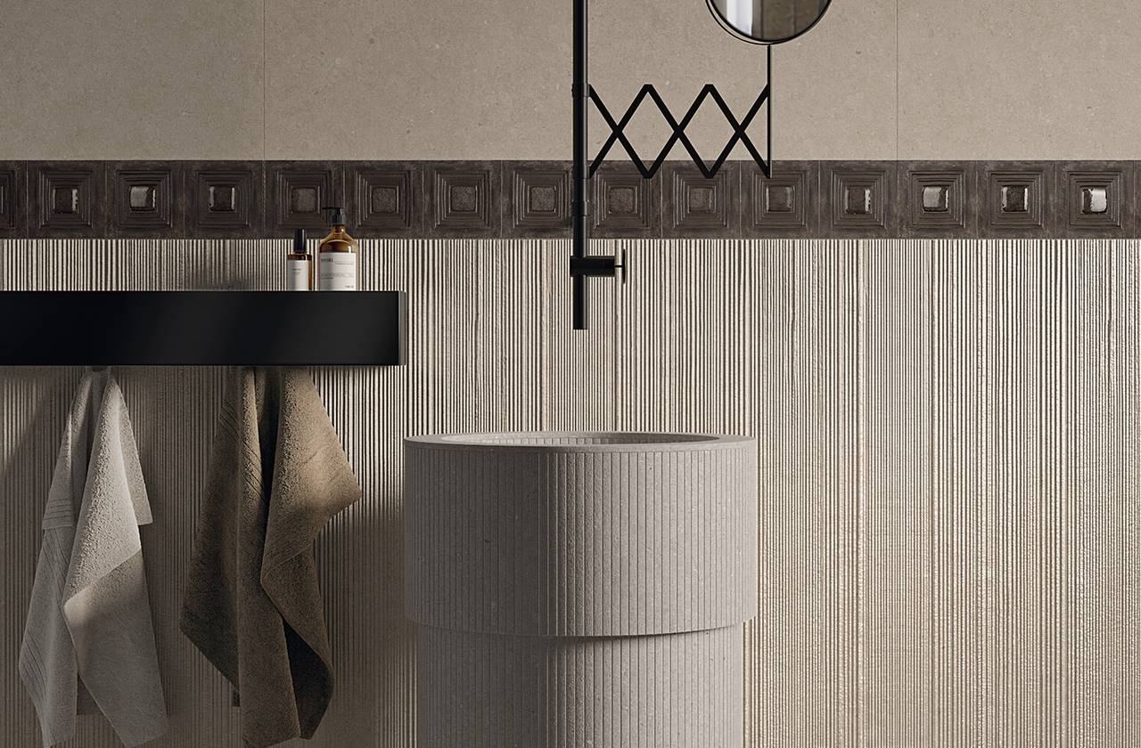 Image d'ambiance Salle de bain, réalisée avec des carreaux de la collection : MATERIA PURA wall tiles 50x120 – Gris