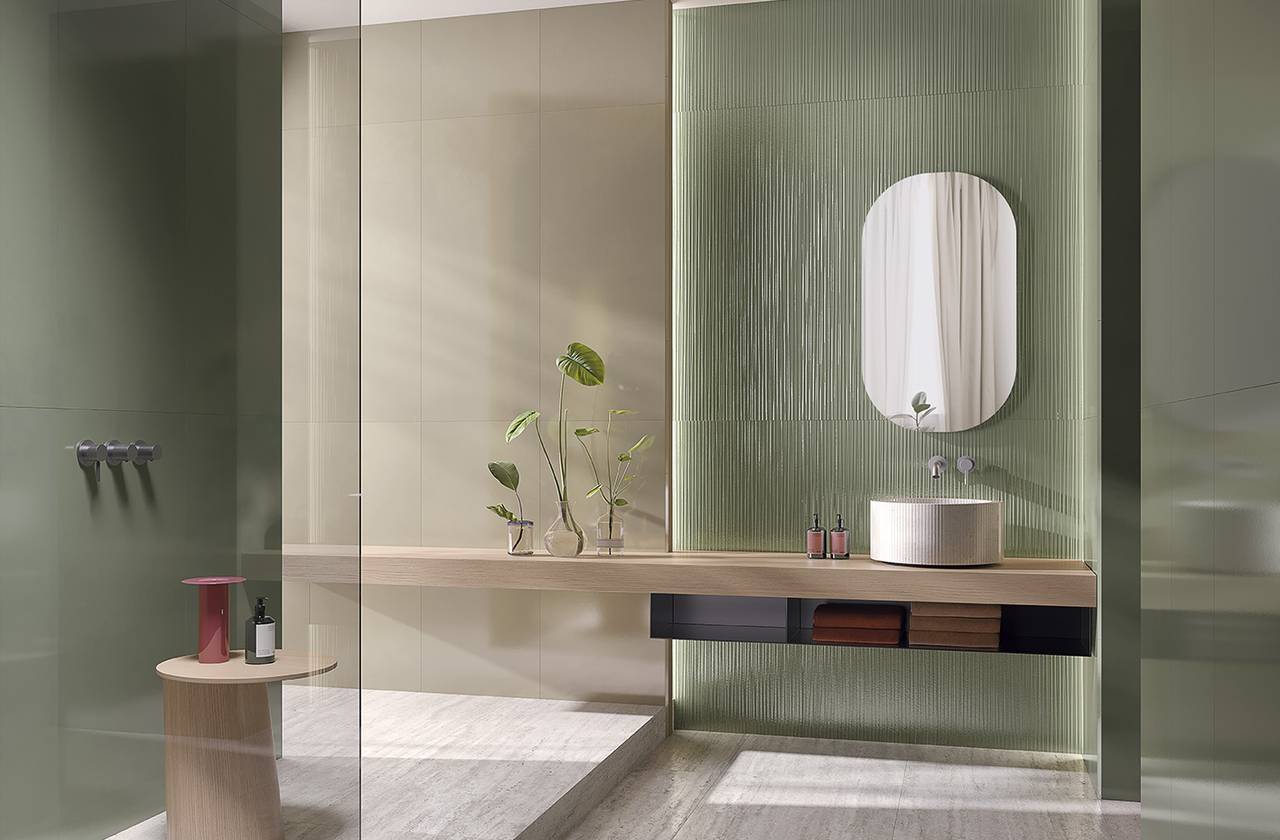 Room view Bathroom, created with tiles from the collection: MATERIA BRILLANTE – Green, Grey