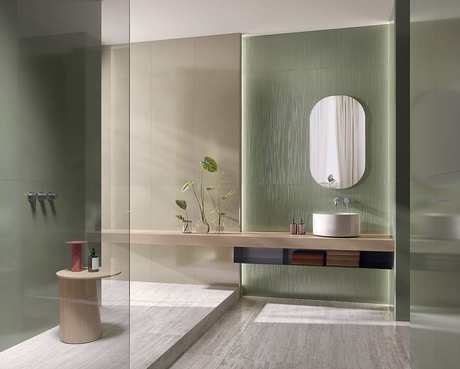 Room view Bathroom, created with tiles from the collection: MATERIA BRILLANTE – Green, Grey