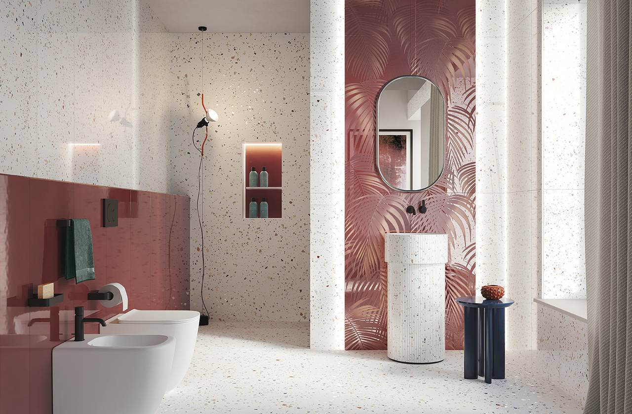 Room view Bathroom, created with tiles from the collection: MATERIA BRILLANTE – White, Red-Pink