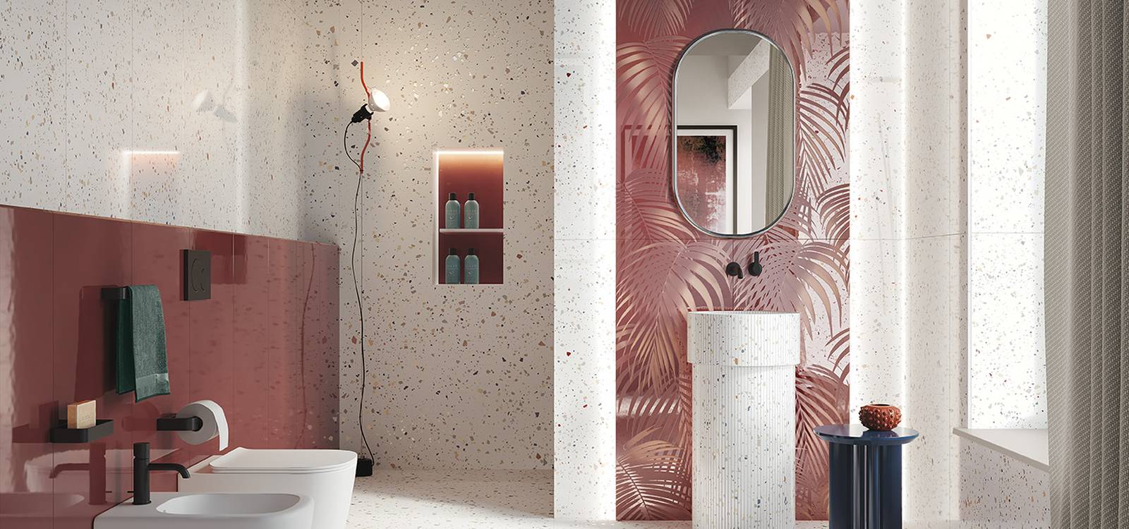 Image d'ambiance Salle de bain, réalisée avec des carreaux de la collection : MATERIA BRILLANTE – Blanc, Rouge-Rose