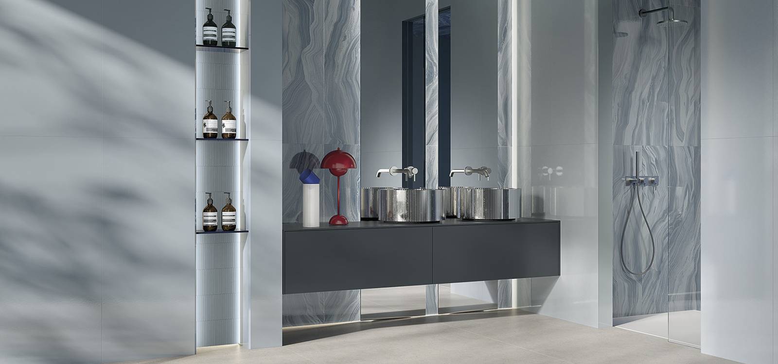 Room view , created with tiles from the collection: MATERIA – Light Blue, White