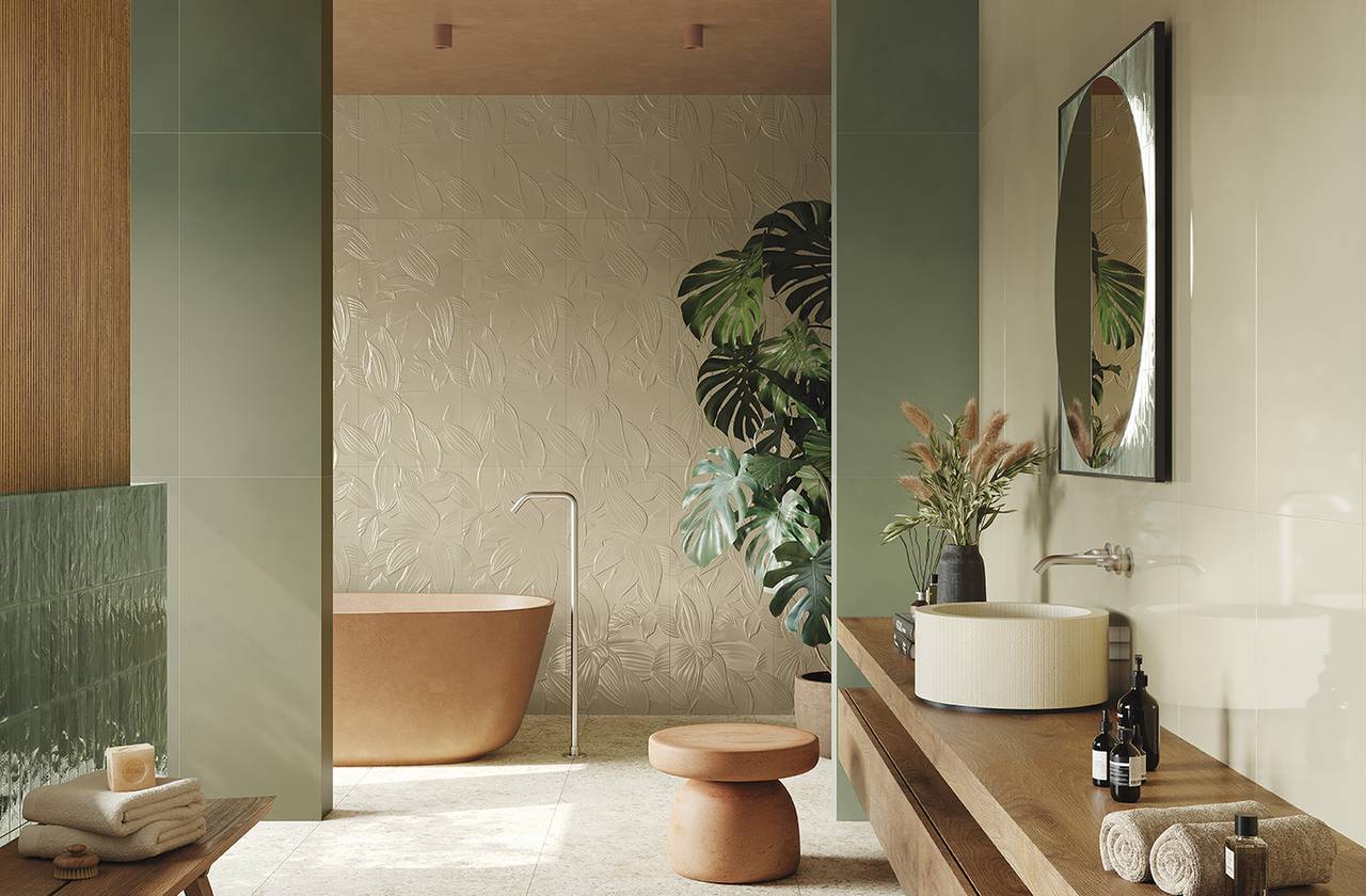 Room view Bathroom, created with tiles from the collection: MATERIA BRILLANTE – Green, Brown, Beige